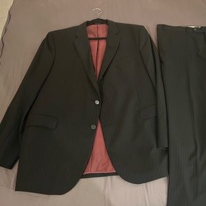 Black and Brown 2 Piece Suit - 48R - Black with Burgundy Pinstripes